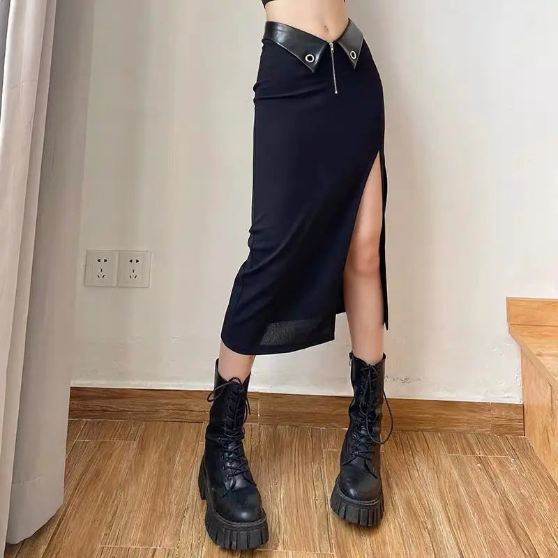 Free Shipping For 'Outrageous' Lapel Pu Leather Midi Skirt