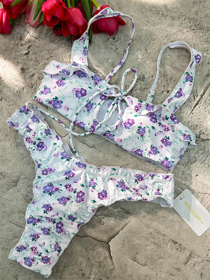 Free Shipping For Purple Digital Printing Lace Push Up Hollow Bikini Set