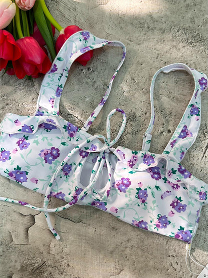 Free Shipping For Purple Digital Printing Lace Push Up Hollow Bikini Set