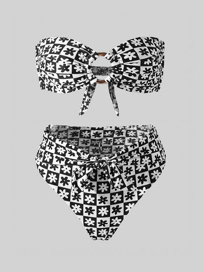 Free Shipping For Black&White Square  Double layer High-Waisted Bikini Set