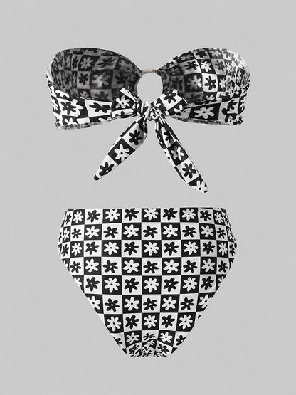 Free Shipping For Black&White Square  Double layer High-Waisted Bikini Set