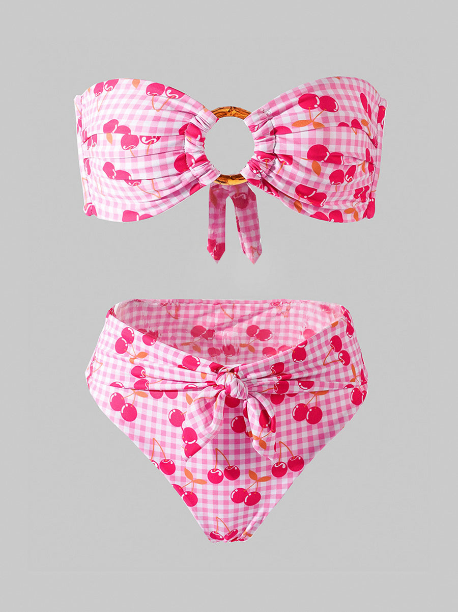 Free Shipping For Pink Cherry Double layer High-Waisted Bikini Set