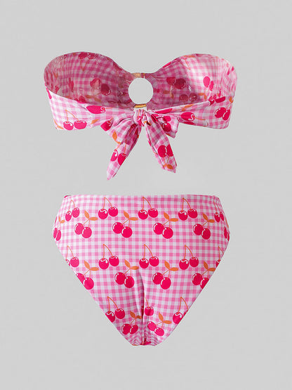 Free Shipping For Pink Cherry Double layer High-Waisted Bikini Set