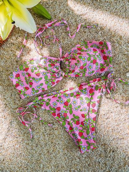 Free Shipping For Pink Strawberry Double Fabric Bikini Set