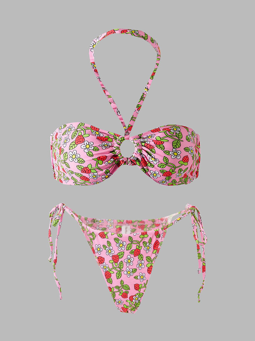 Free Shipping For Pink Strawberry Double Fabric Bikini Set