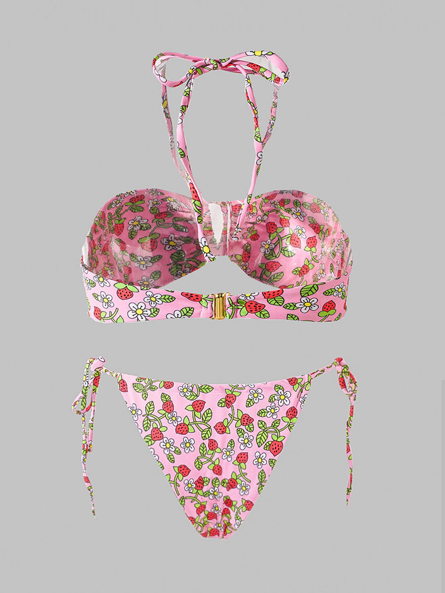 Free Shipping For Pink Strawberry Double Fabric Bikini Set