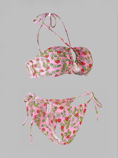 Free Shipping For Pink Strawberry Double Fabric Bikini Set