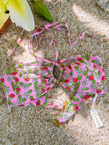 Free Shipping For Pink Strawberry Double Fabric Bikini Set