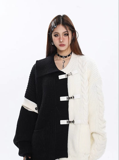 Free Shipping For 'MonoPanda' Black & White Patchwork Sweater Outwear