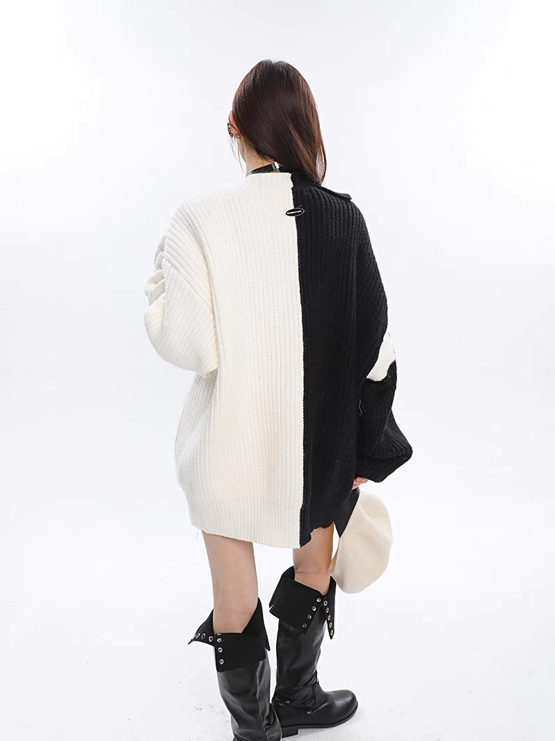 Free Shipping For 'MonoPanda' Black & White Patchwork Sweater Outwear