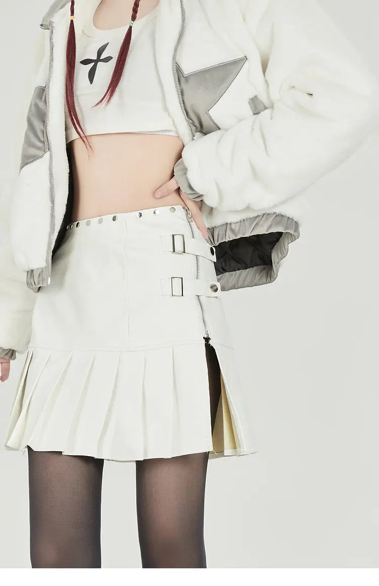 Free Shipping For 'Passion' White Pu Leather Pleated Skirt