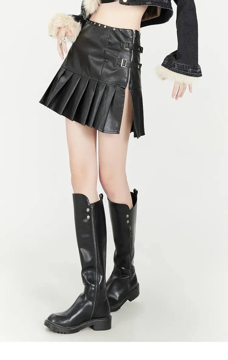 Free Shipping For 'Passion' White Pu Leather Pleated Skirt