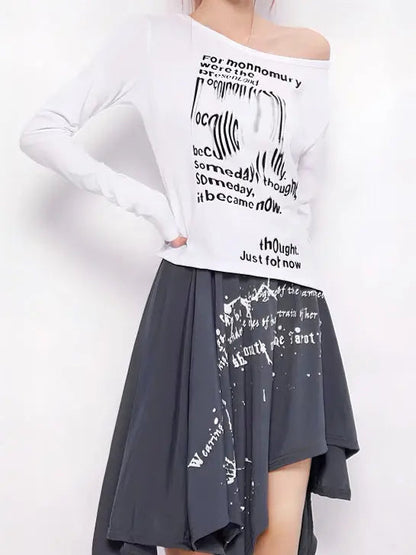 Free Shipping For 'Past lives' Grunge Smudged Print Handy Hem Midi Skirt