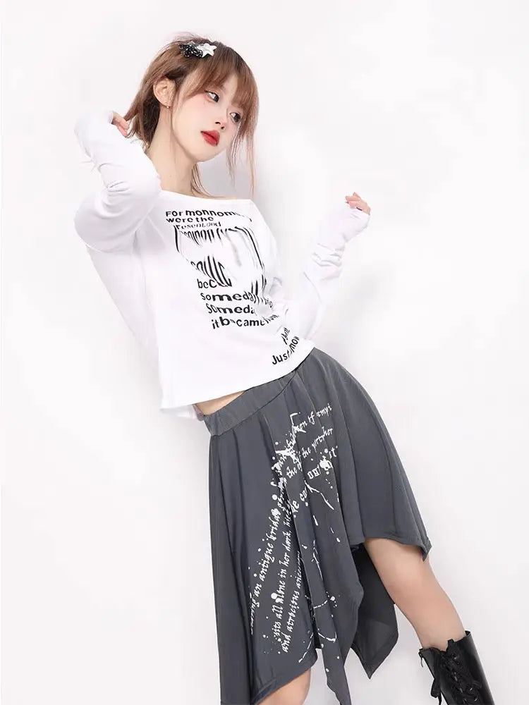 Free Shipping For 'Past lives' Grunge Smudged Print Handy Hem Midi Skirt