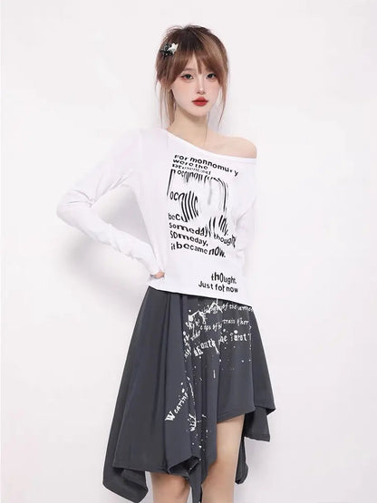 Free Shipping For 'Past lives' Grunge Smudged Print Handy Hem Midi Skirt