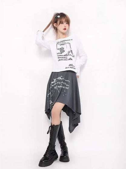 Free Shipping For 'Past lives' Grunge Smudged Print Handy Hem Midi Skirt