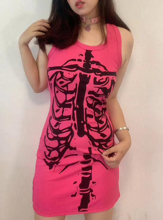 Free Shipping For 'Pink Body' Y2k Skeleton Body T-shirt Dress