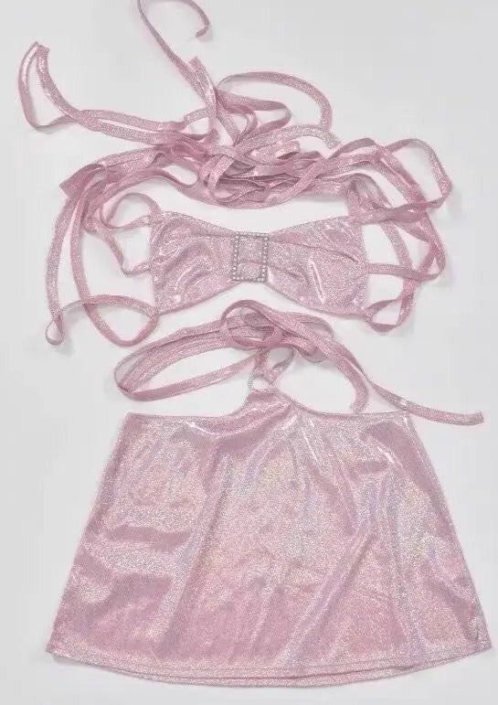 Free Shipping For 'Pink Bomb' Y2k Lace Up Shinning Reflective Dress