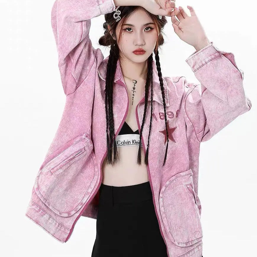 Free Shipping For 'Pink Star' Denim Pockets Oversized Jacket