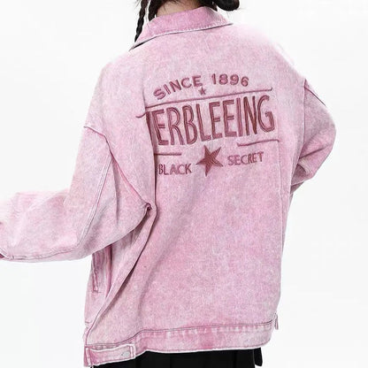 Free Shipping For 'Pink Star' Denim Pockets Oversized Jacket