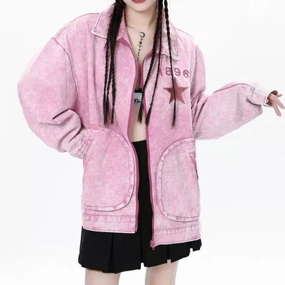 Free Shipping For 'Pink Star' Denim Pockets Oversized Jacket