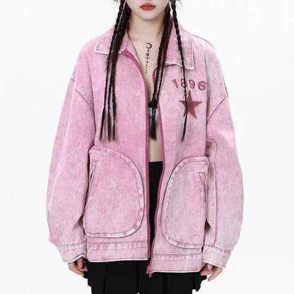 Free Shipping For 'Pink Star' Denim Pockets Oversized Jacket