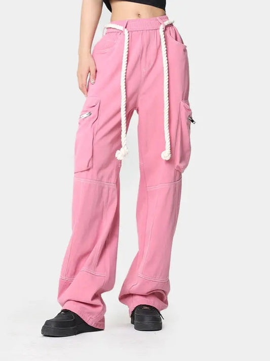 Free Shipping For 'Pink Wall'  Rope Belt Oversized Cargo Pants