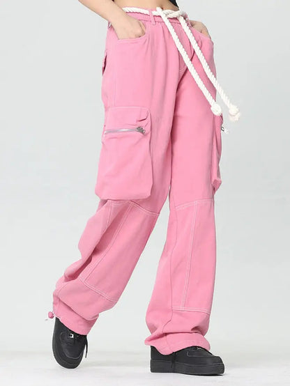 Free Shipping For 'Pink Wall'  Rope Belt Oversized Cargo Pants