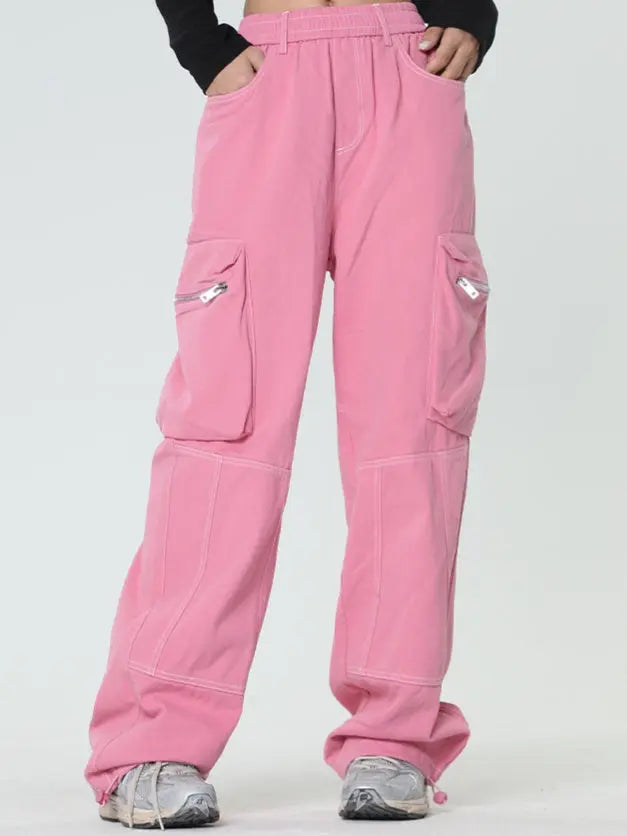 Free Shipping For 'Pink Wall'  Rope Belt Oversized Cargo Pants