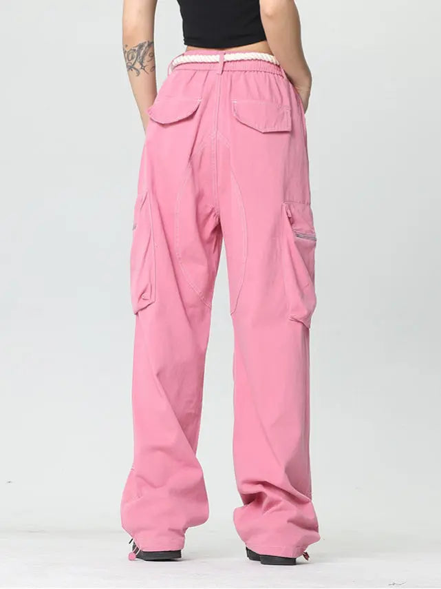 Free Shipping For 'Pink Wall'  Rope Belt Oversized Cargo Pants