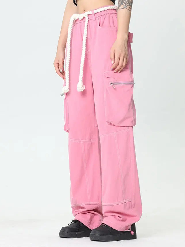 Free Shipping For 'Pink Wall'  Rope Belt Oversized Cargo Pants