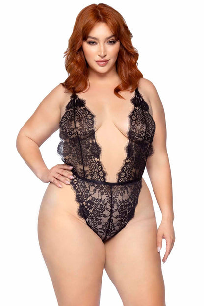 Free Shipping For Plus Size 3 Piece Floral Lace Teddy, Thong Back, Matching Robe & Satin Tie