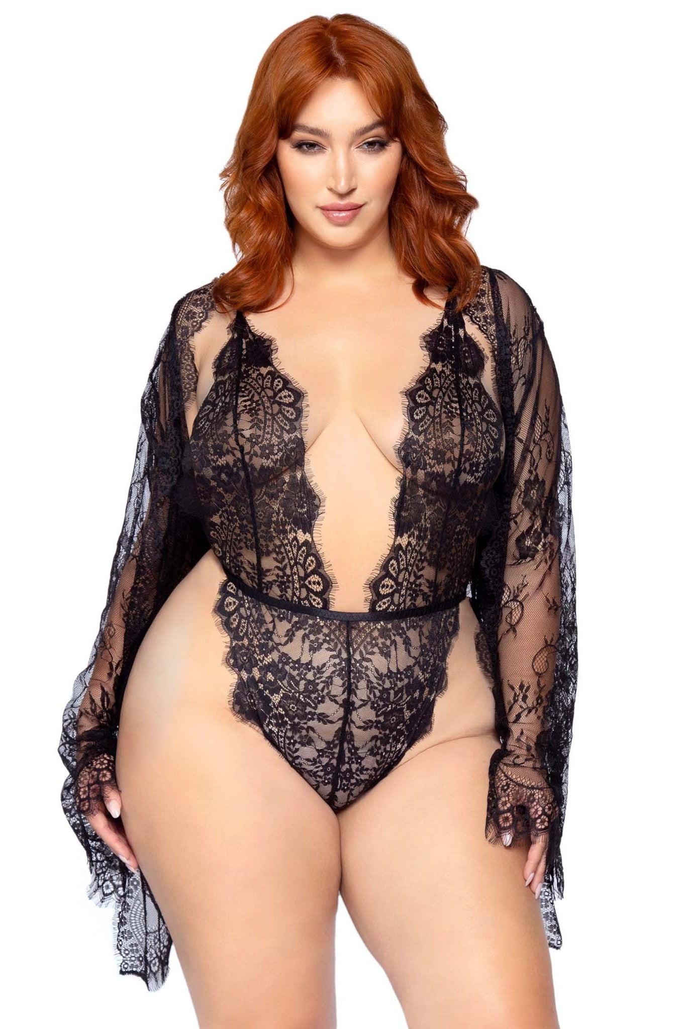 Free Shipping For Plus Size 3 Piece Floral Lace Teddy, Thong Back, Matching Robe & Satin Tie