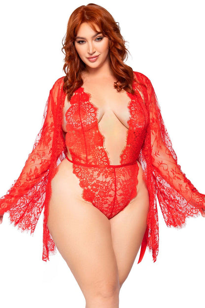 Free Shipping For Plus Size 3 Piece Floral Lace Teddy, Thong Back, Matching Robe & Satin Tie