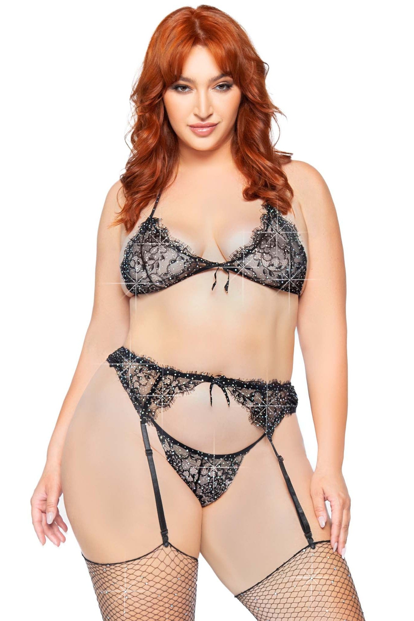 Free Shipping For Plus Size 3 Piece Rhinestone Lace Bra Top Set With Garter Belt & G-String