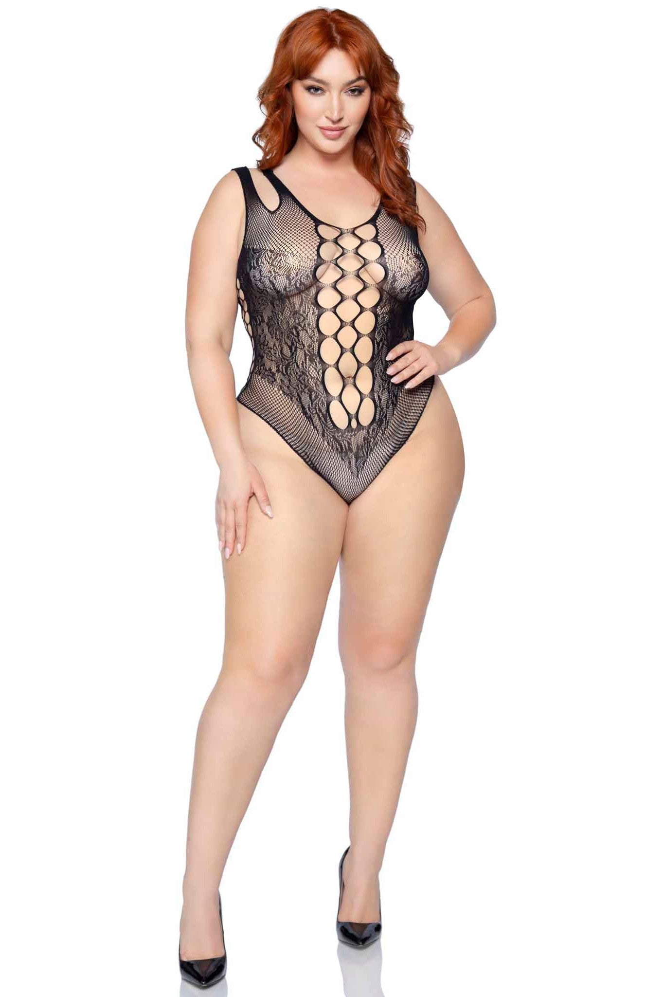 Free Shipping For Plus Size Seamless Net & Lace Bodysuit With Dual Straps