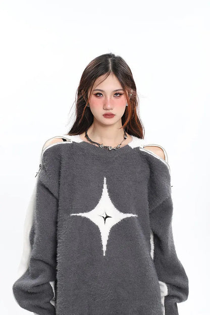 Free Shipping For 'Polaris' Star Hollow Out Zip Up Sweater