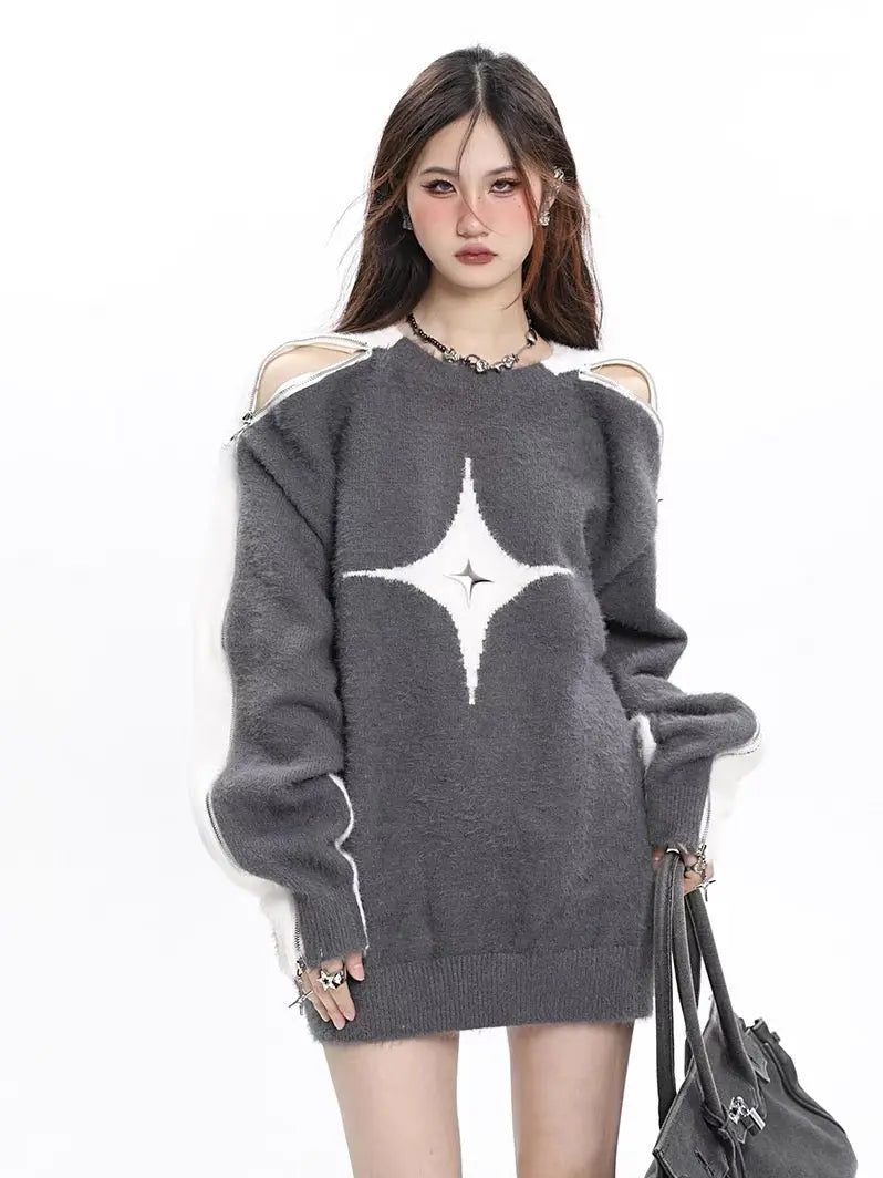 Free Shipping For 'Polaris' Star Hollow Out Zip Up Sweater