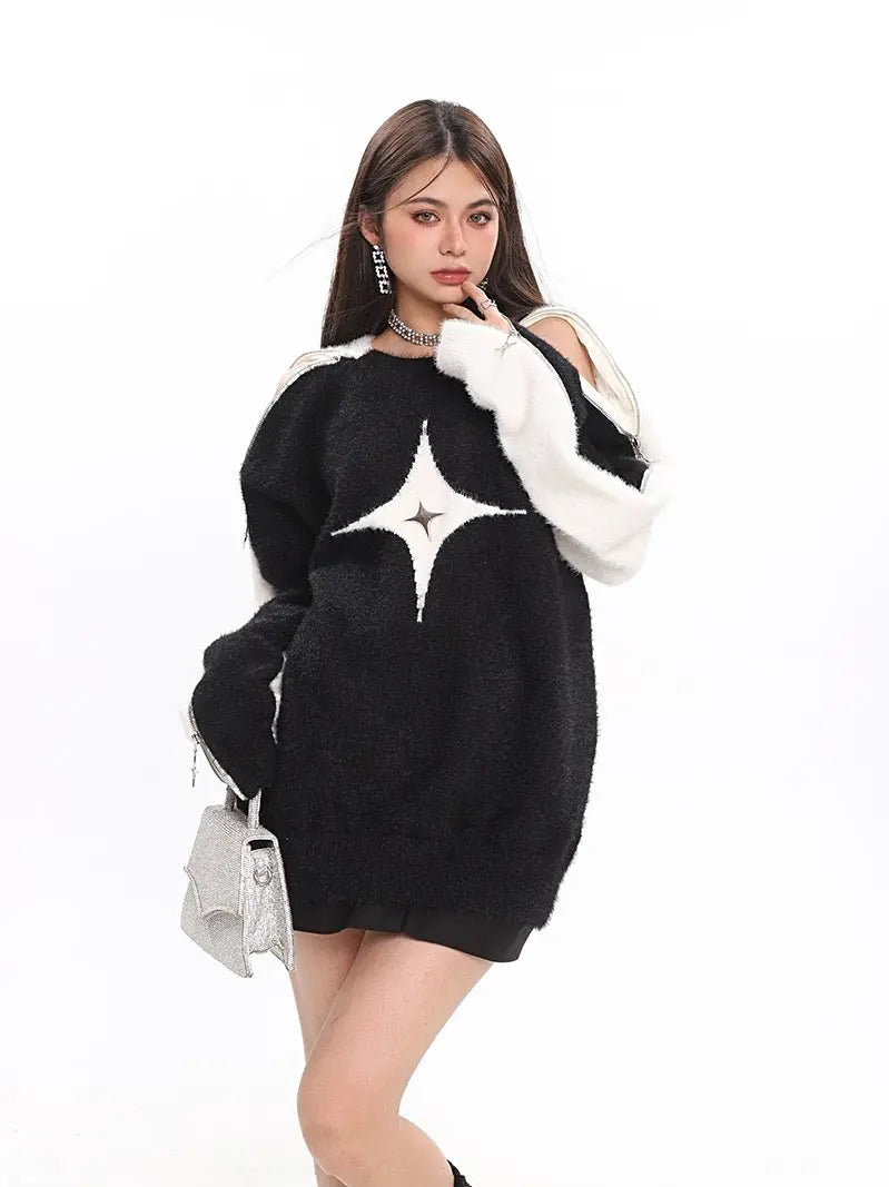 Free Shipping For 'Polaris' Star Hollow Out Zip Up Sweater