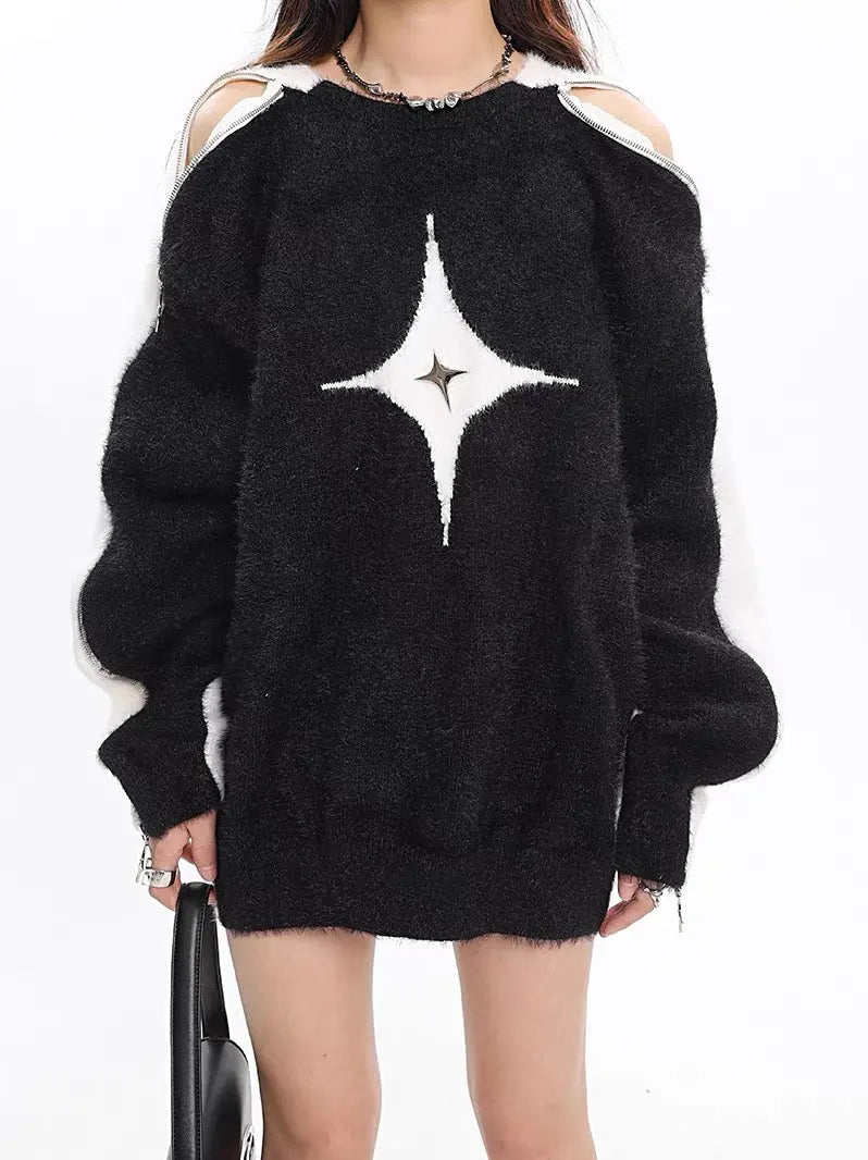 Free Shipping For 'Polaris' Star Hollow Out Zip Up Sweater