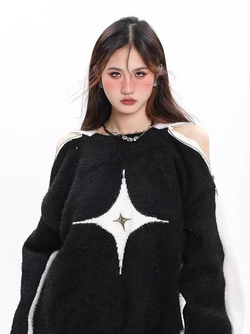 Free Shipping For 'Polaris' Star Hollow Out Zip Up Sweater