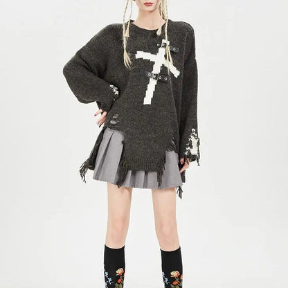 Free Shipping For 'Promise' Buckle Cross Ripped Sweater