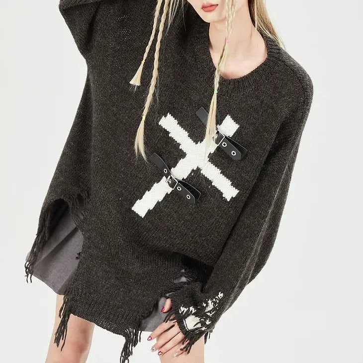 Free Shipping For 'Promise' Buckle Cross Ripped Sweater