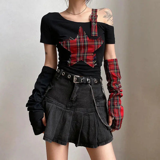 Free Shipping For 'Punk Princess' Red Star Prints Gloves Top