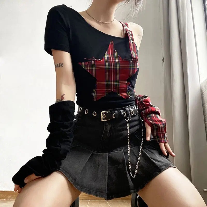 Free Shipping For 'Punk Princess' Red Star Prints Gloves Top