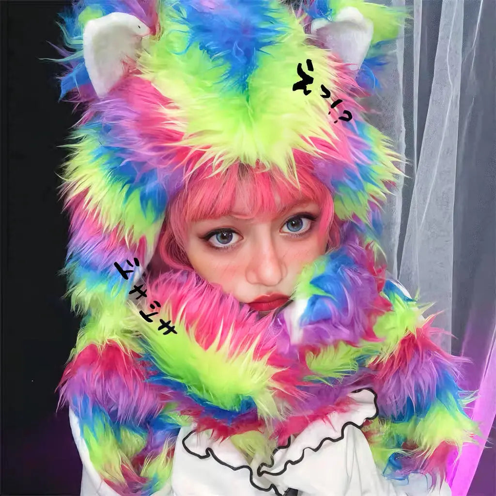 Free Shipping For 'Rainbow Bear' Furry Pride Pastel Rainbow Hooded Scarf