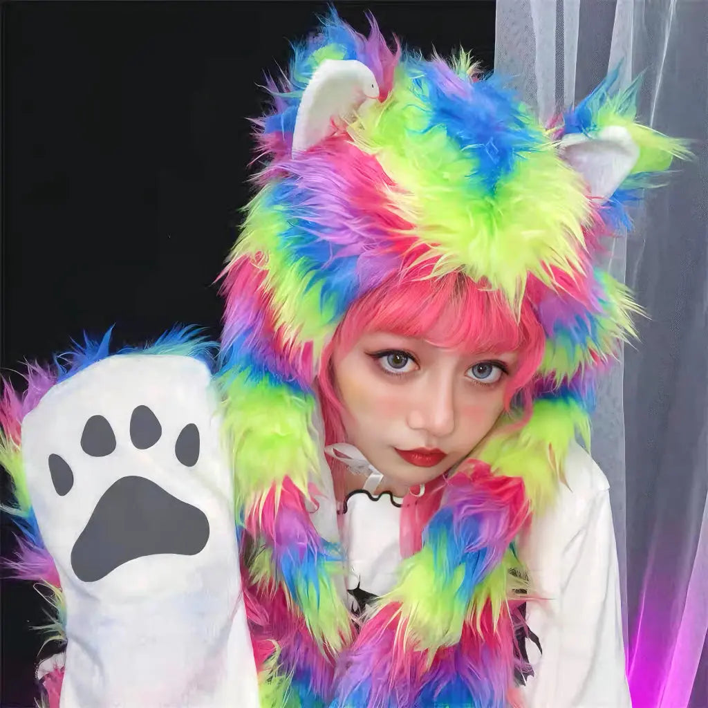 Free Shipping For 'Rainbow Bear' Furry Pride Pastel Rainbow Hooded Scarf