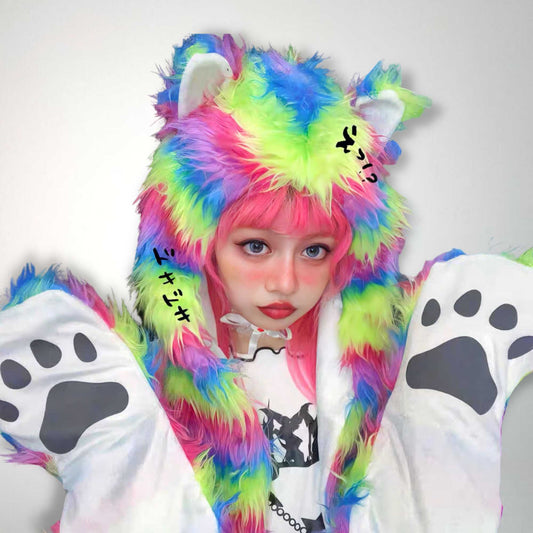 Free Shipping For 'Rainbow Bear' Furry Pride Pastel Rainbow Hooded Scarf