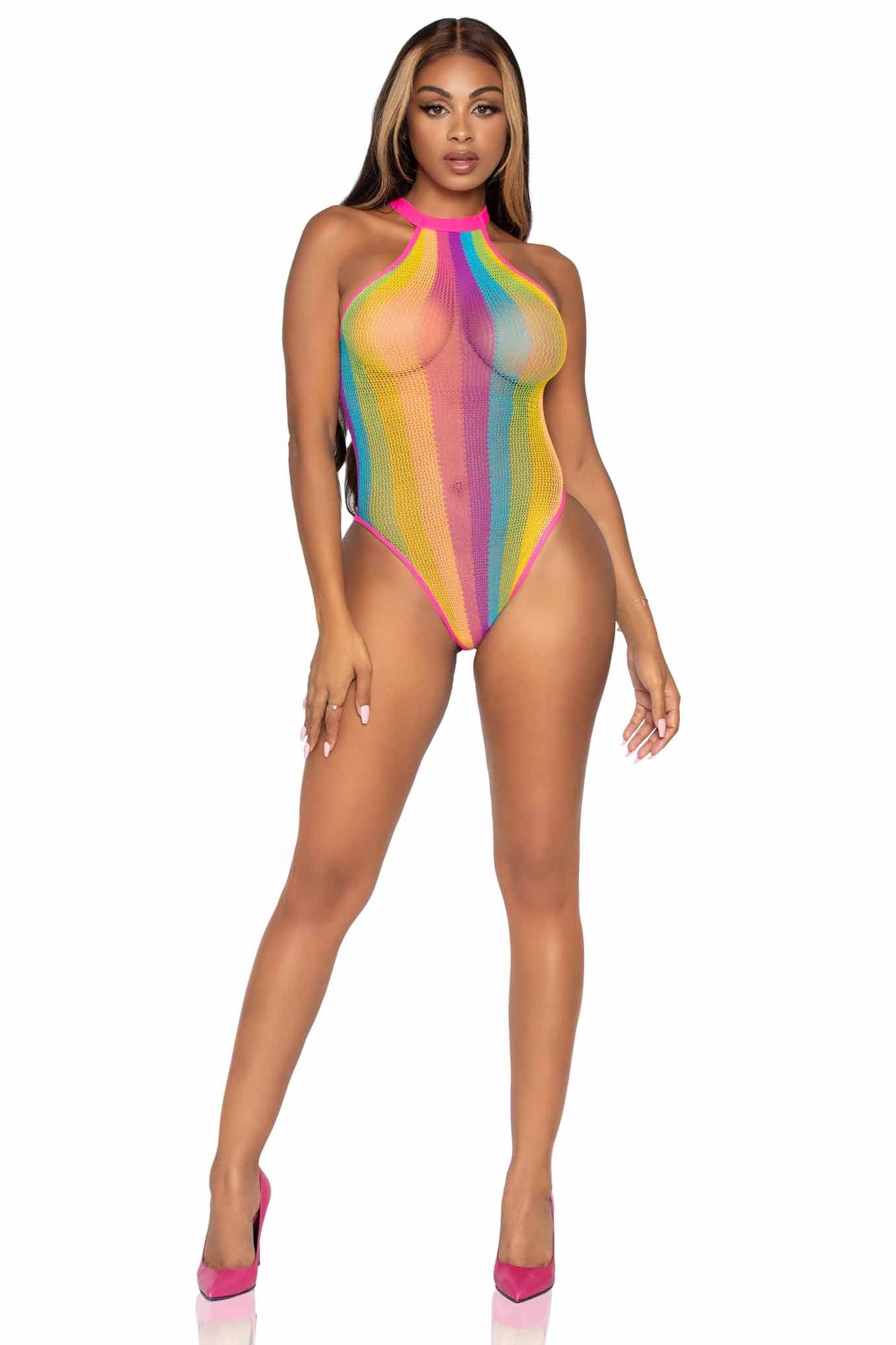 Free Shipping For Rainbow Striped Halter Bodysuit With Snap Crotch