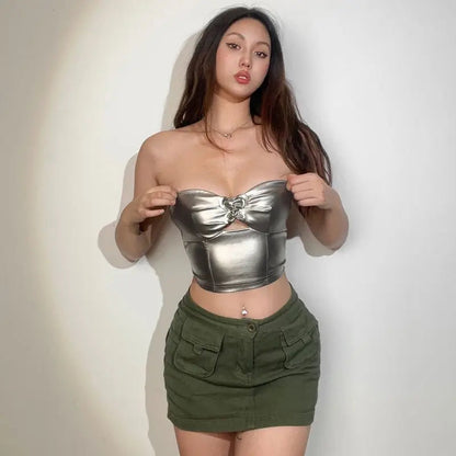 Free Shipping For 'Robot Gf' Metallic Heart Shape Buckle Strapless Top